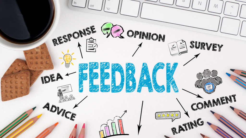 Croquis du mots feedback avec un nouage de mots autours qui inspire le mot feedback.