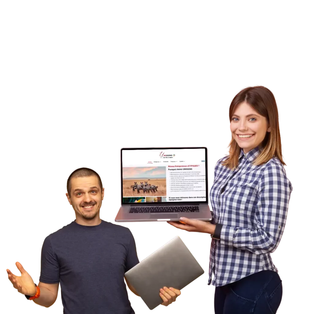 Un homme et une femme tenant tout les deux un ordinateur dans les mains. La femme tenant l'ordinateur ouvert pour montrer un site internet, ici le site Unissons.