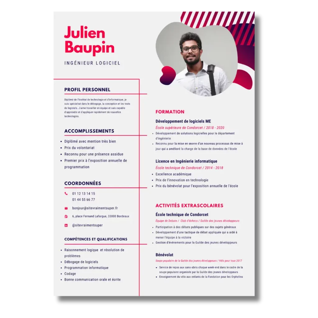 Un CV d'un certain Julien BEAUPIN, pour illustrer la page CVthèque d'Unissons.